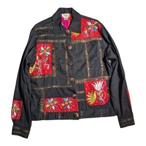 Vtg Y2K Sandy Starkman Black Red Floral Patchwork Mirror Detail Jacket Sz M